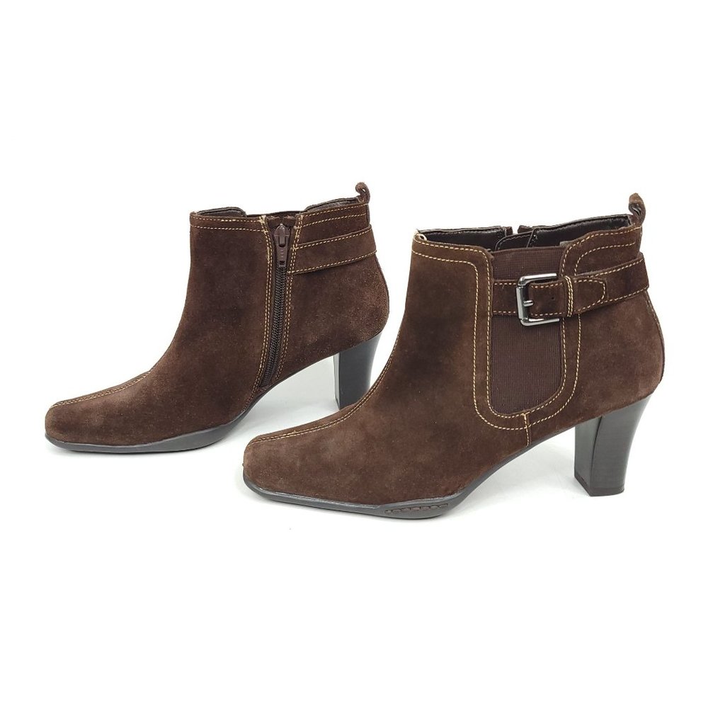Aerosoles Cinteresting Ankle Boots Booties Brown Suede Size 8 Heels Side Zippers